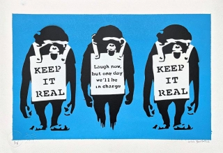 BANKSY/NOT BANKSY - Keep it Real blue 3/5 - originální ručně stříkaný sprej na papíře