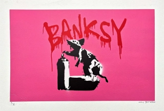 BANKSY/NOT BANKSY - Rat with Spray Cans pink 3/5 - originální ručně stříkaný sprej na papíře