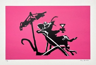 BANKSY/NOT BANKSY - Rat Drinking Coctail pink 1/5 - originální ručně stříkaný sprej na papíře