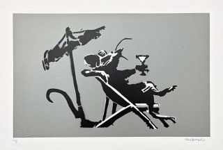 BANKSY/NOT BANKSY - Rat Drinking Coctail gray 1/5 - originální ručně stříkaný sprej na papíře