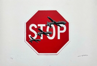 BANKSY/NOT BANKSY - Stop drones 2/10 - originální ručně stříkaný sprej na papíře