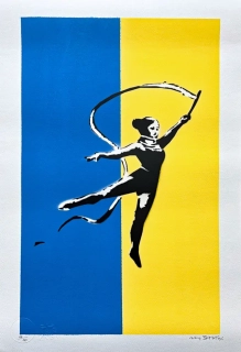 BANKSY/NOT BANKSY - Female Gymnast flag 4/10 - originální ručně stříkaný sprej na papíře